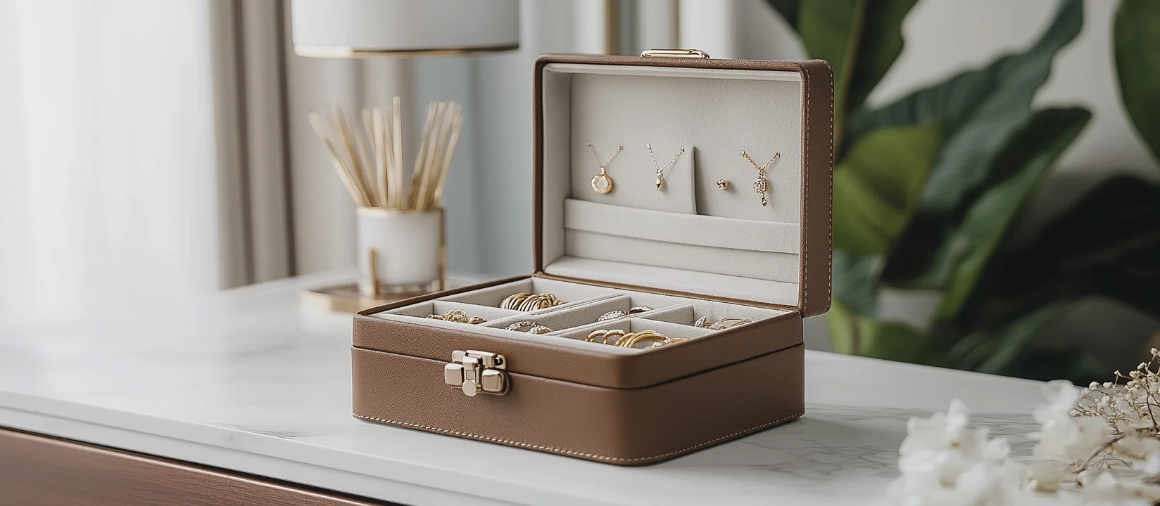 A minimalist light brown leather mini travel jewelry case is placed on a table.